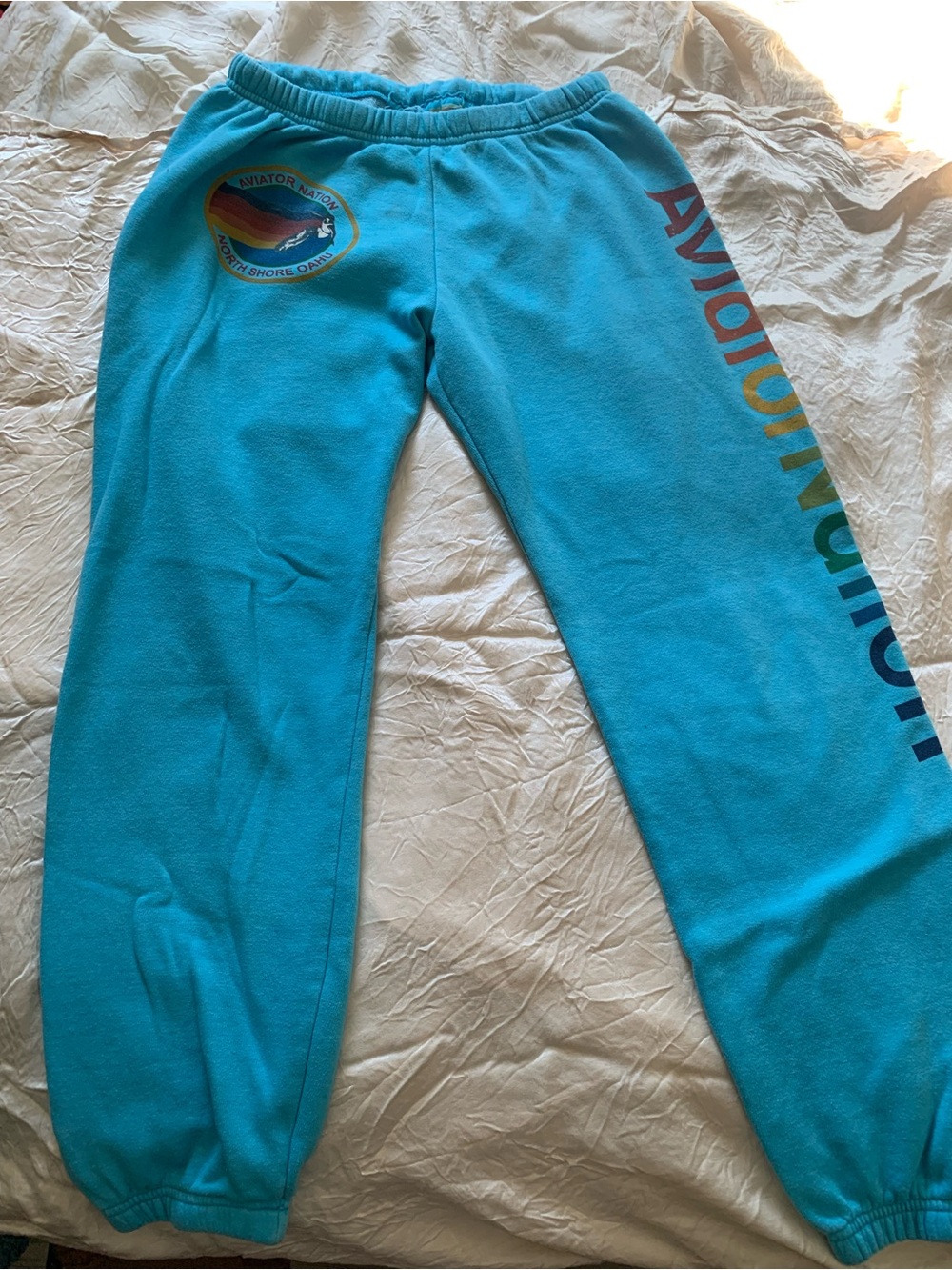 Aviator Nation Turquoise Joggers with Rainbow Side Logo